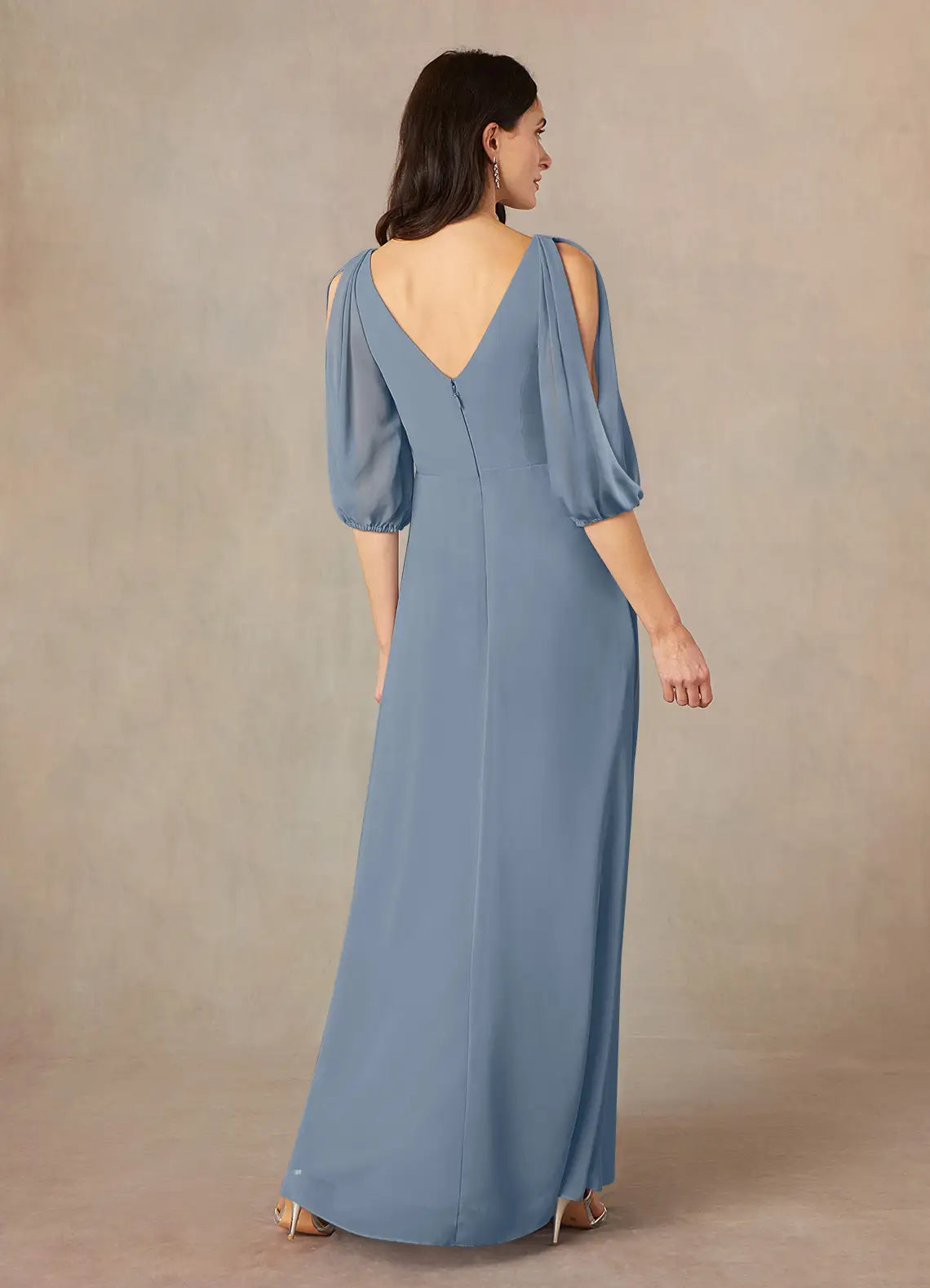 Elegant A-Line V-Neck Chiffon Cold Shoulder Puff Sleeve Floor Length Mother of the Bride Dress