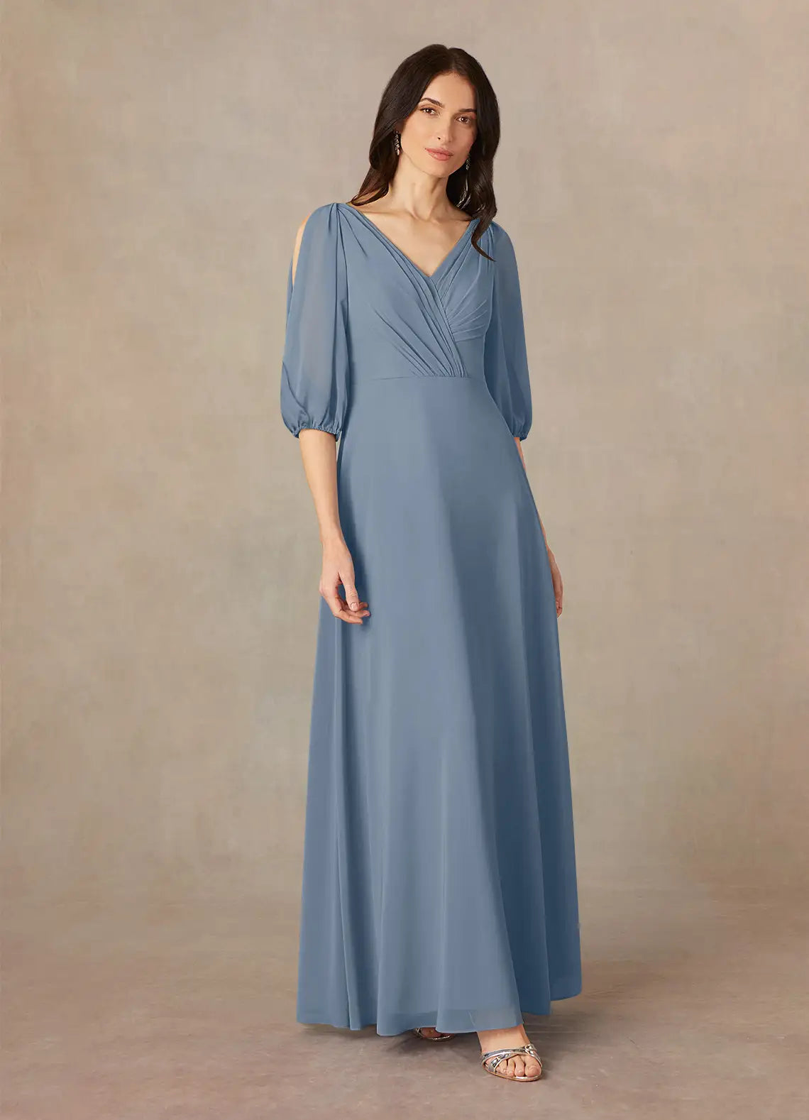 Elegant A-Line V-Neck Chiffon Cold Shoulder Puff Sleeve Floor Length Mother of the Bride Dress