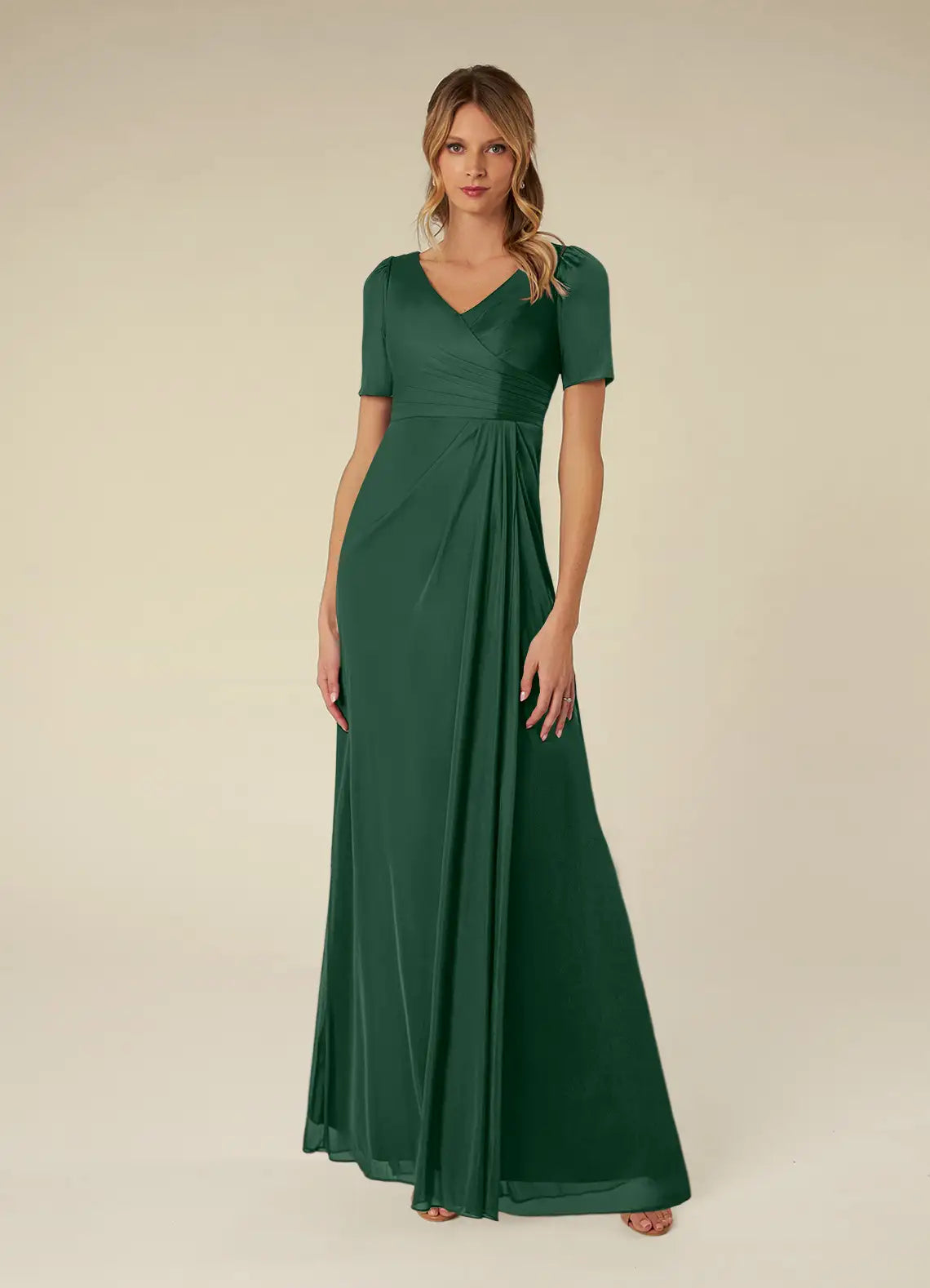 Elegant A-Line V-Neck Chiffon Short Puff Sleeve Floor Length Mother of the Bride Dress