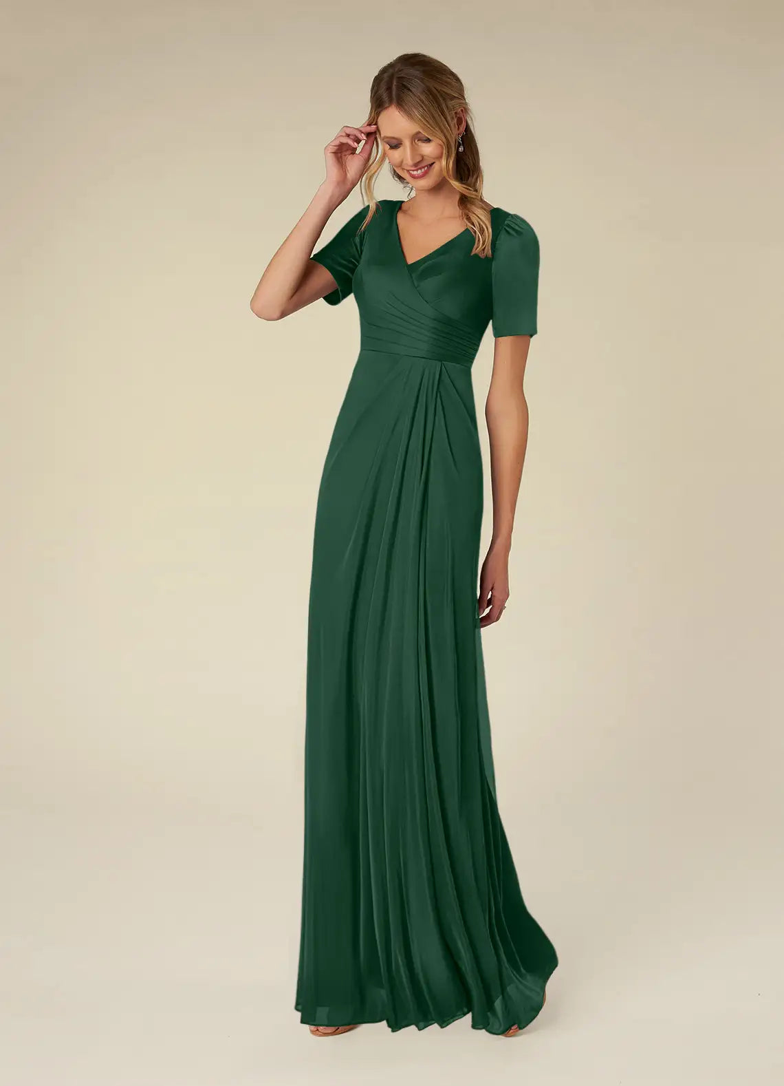 Elegant A-Line V-Neck Chiffon Short Puff Sleeve Floor Length Mother of the Bride Dress