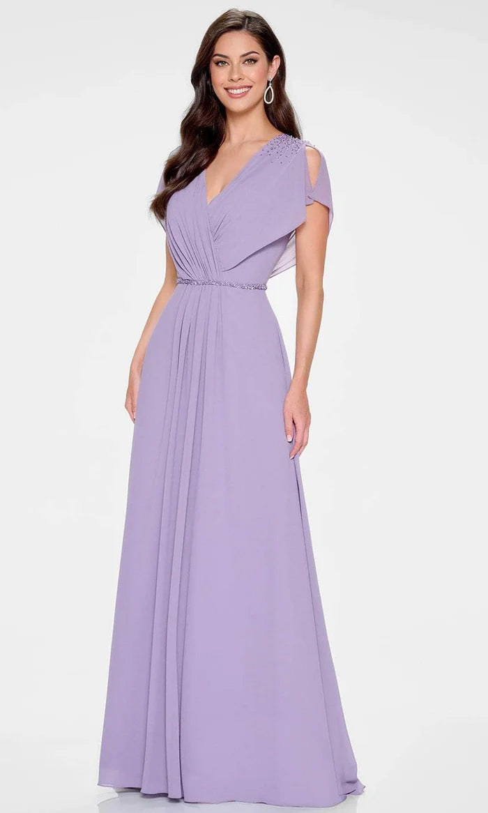 Elegant A-Line V-Neck Draped-Sleeve Zipper-Back Floor-Length Beaded Mother of the Bride Dress