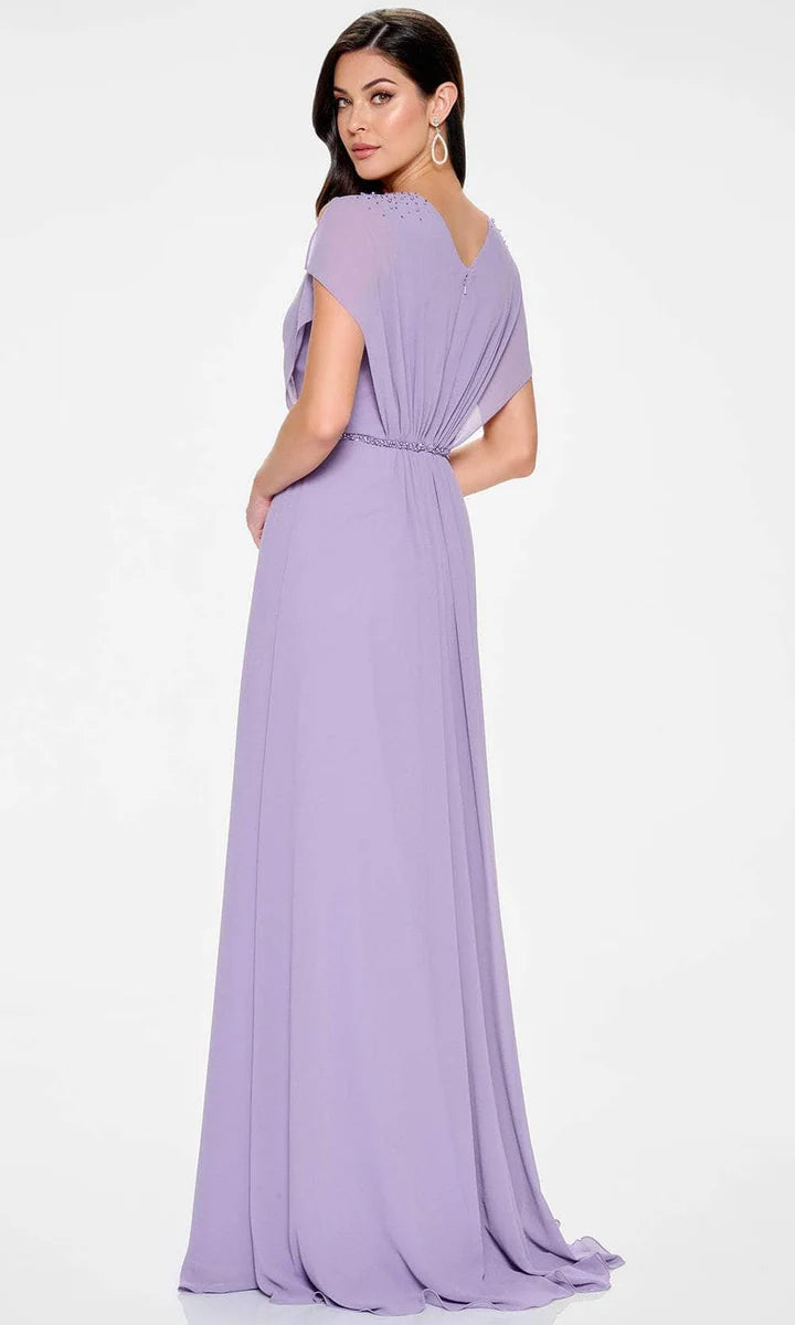 Elegant A-Line V-Neck Draped-Sleeve Zipper-Back Floor-Length Beaded Mother of the Bride Dress