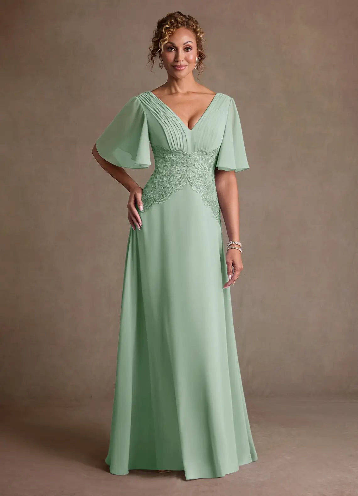Elegant A-Line V-Neck Lace Chiffon Flutter Sleeve Floor Length Mother of the Bride Dress
