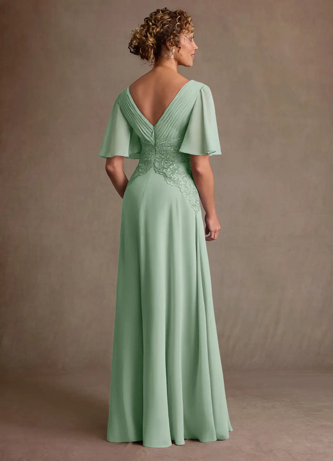 Elegant A-Line V-Neck Lace Chiffon Flutter Sleeve Floor Length Mother of the Bride Dress