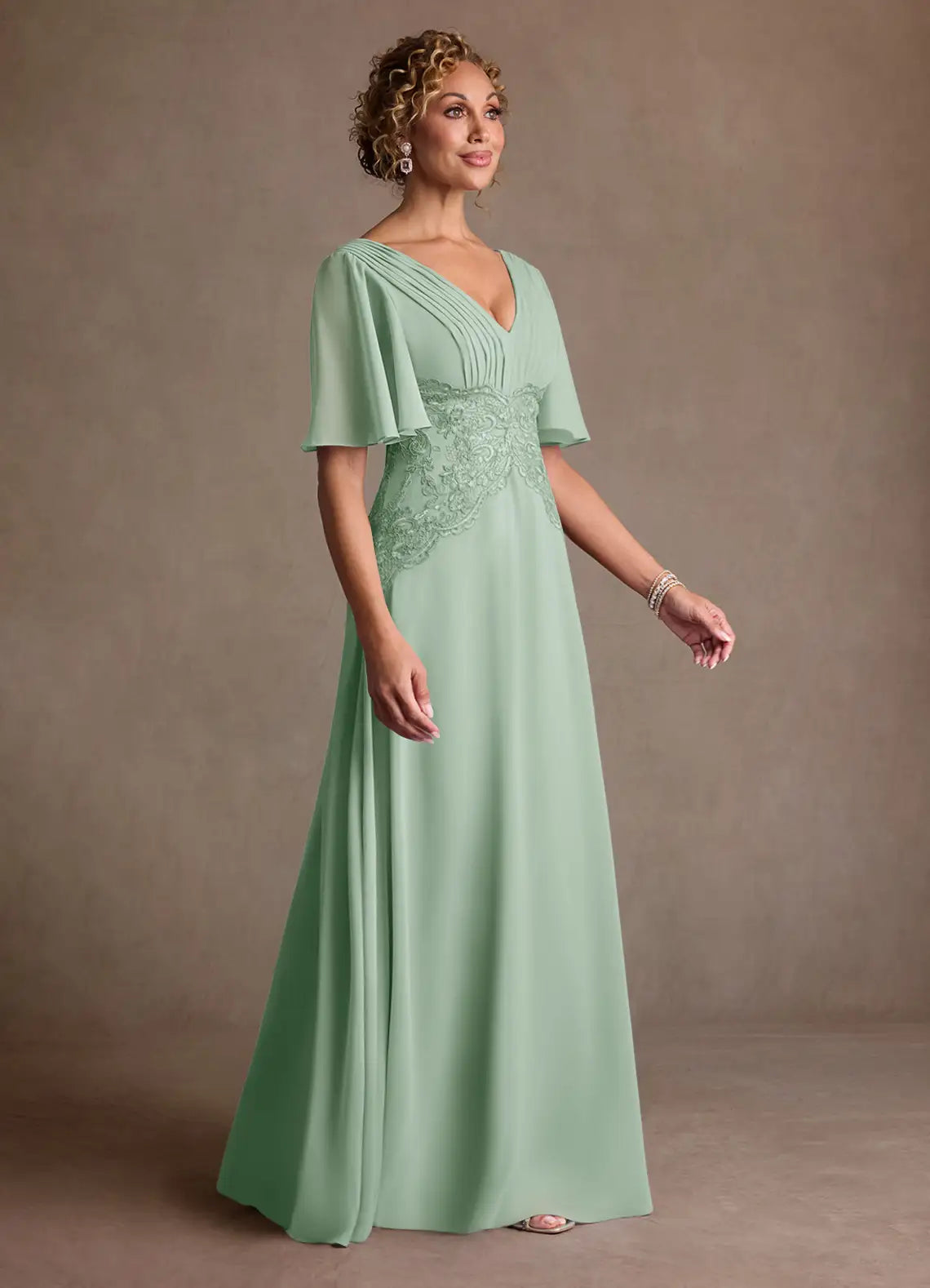 Elegant A-Line V-Neck Lace Chiffon Flutter Sleeve Floor Length Mother of the Bride Dress