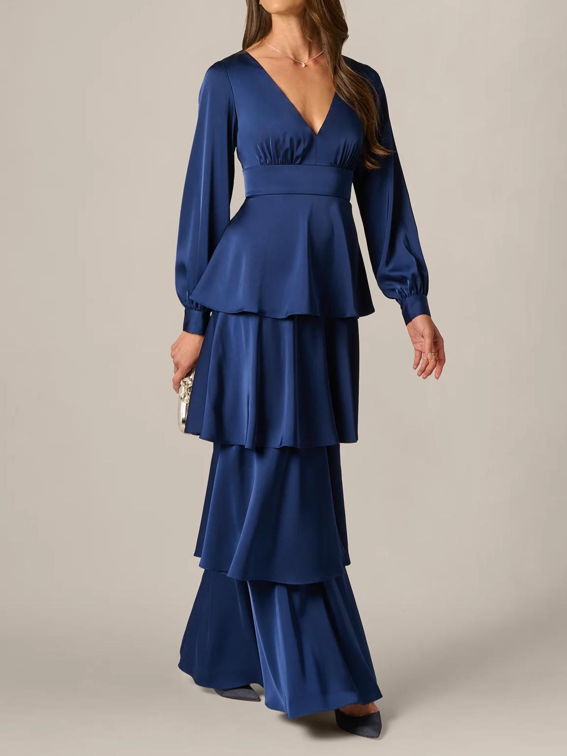 Elegant A-Line V-Neck Long-Sleeve Zipper-Back Tiered Floor-Length Satin Evening Dress