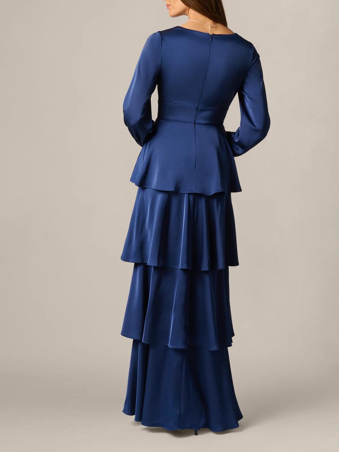 Elegant A-Line V-Neck Long-Sleeve Zipper-Back Tiered Floor-Length Satin Evening Dress