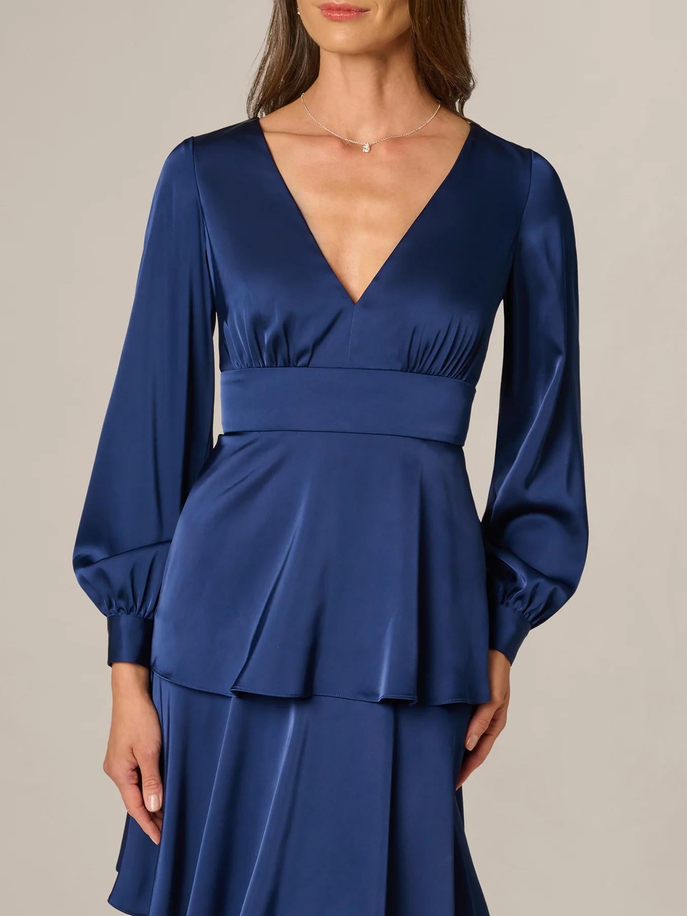 Elegant A-Line V-Neck Long-Sleeve Zipper-Back Tiered Floor-Length Satin Evening Dress