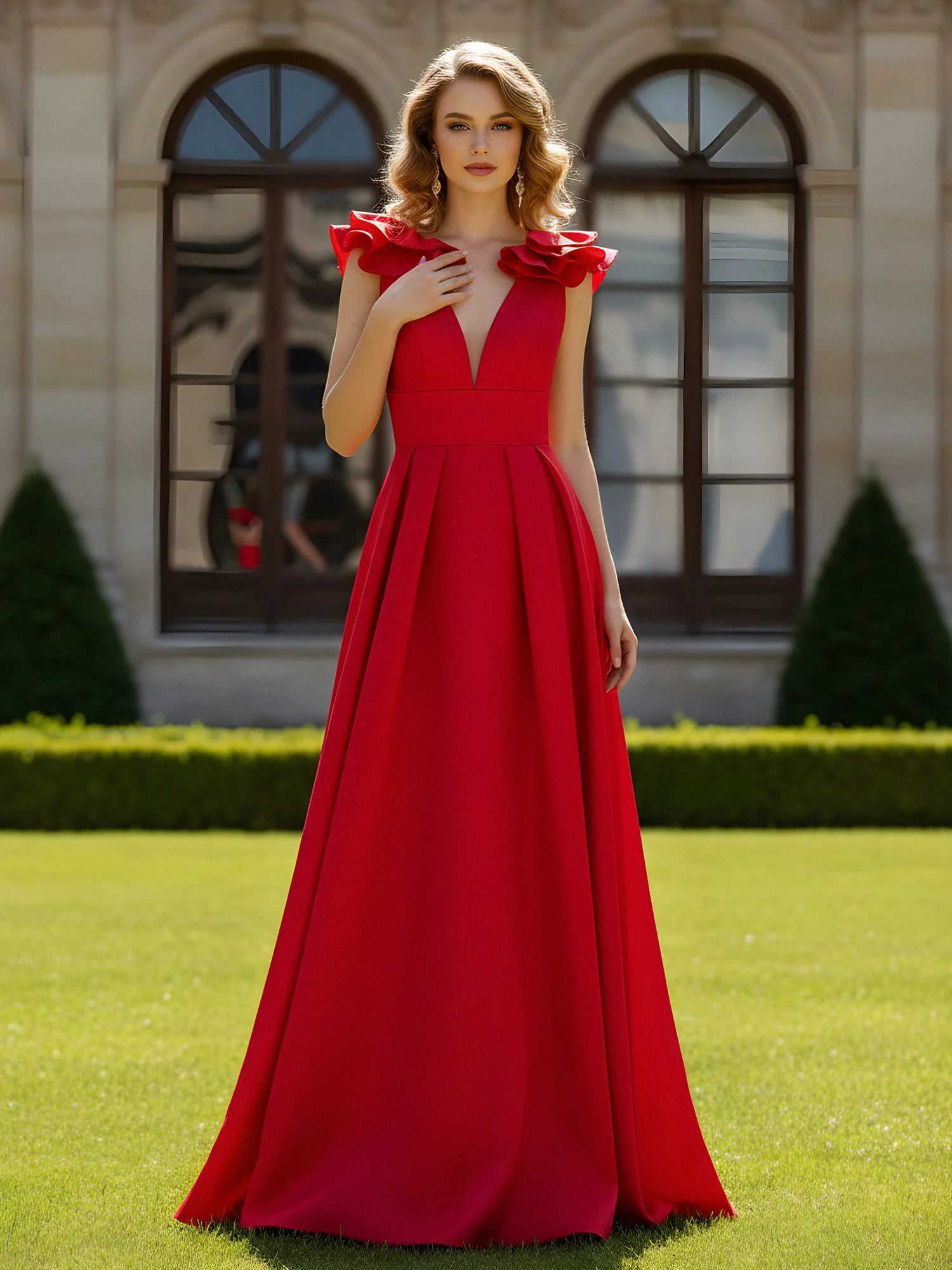Elegant A-Line V-Neck Ruffle Cap Sleeves Deep V Back Floor-Length Crepe Evening Dress