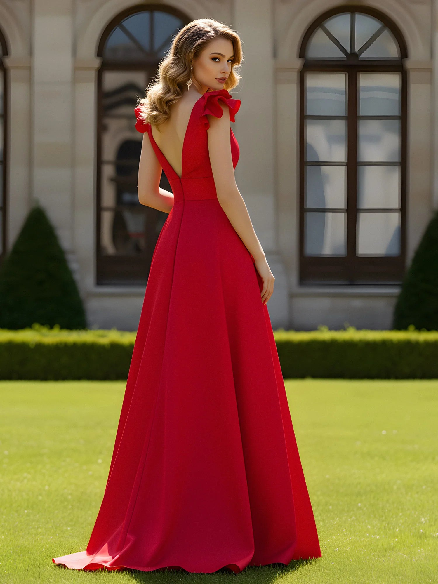 Elegant A-Line V-Neck Ruffle Cap Sleeves Deep V Back Floor-Length Crepe Evening Dress