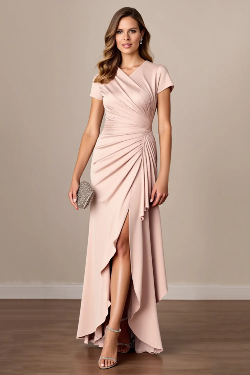 Elegant A-Line V-Neck Short Sleeve Ruched Front Slit Floor Length Mother of the Bride Dress