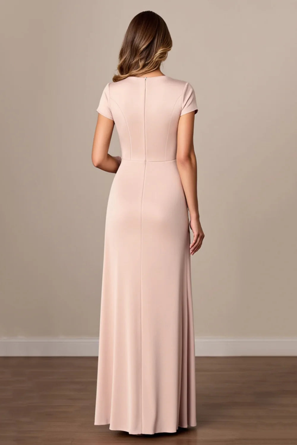 Elegant A-Line V-Neck Short Sleeve Ruched Front Slit Floor Length Mother of the Bride Dress