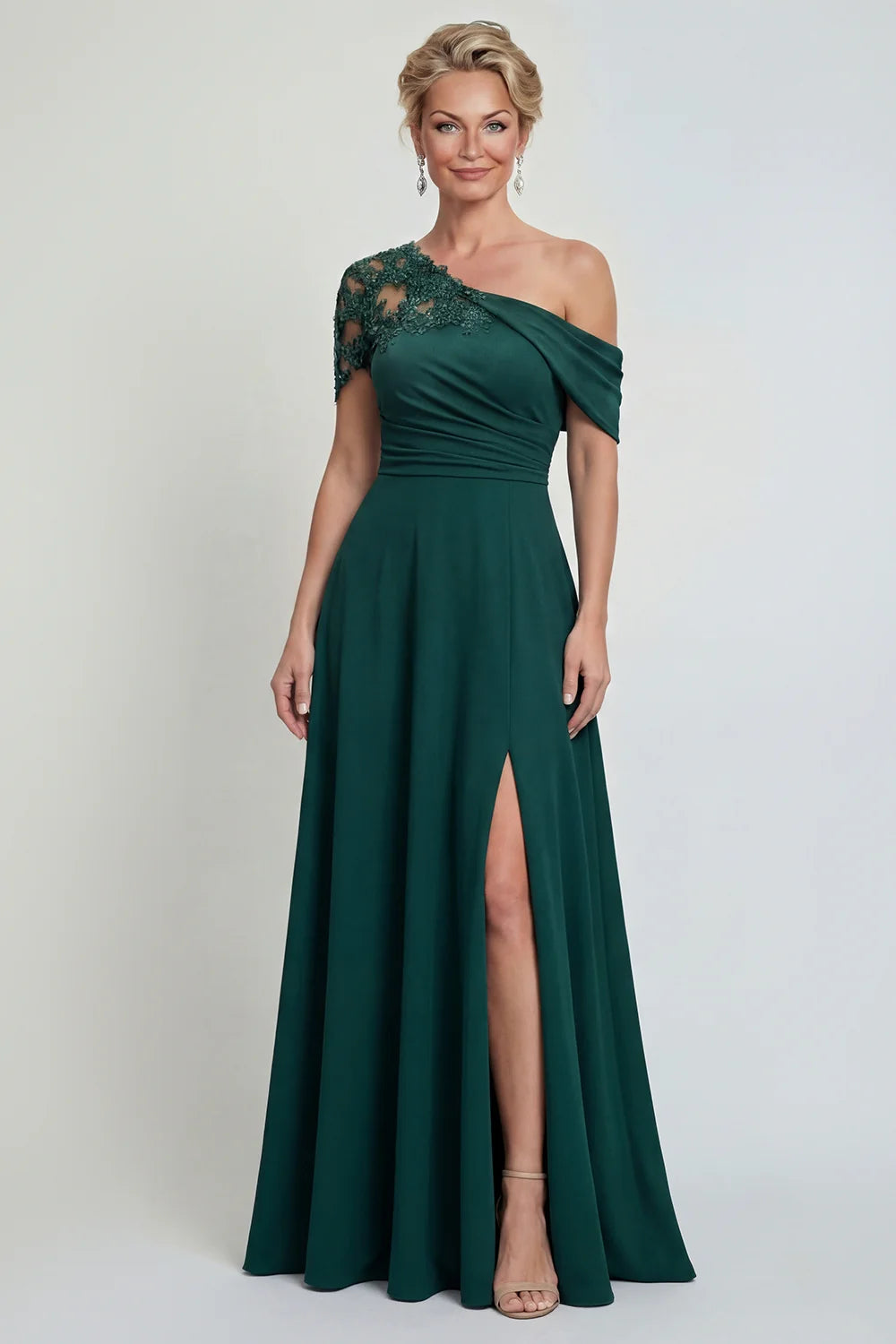 Elegant A-line Mother of the Bride Dress Asymmetrical Neck Lace Sleeve Ruched Waist Open Back Floor Length