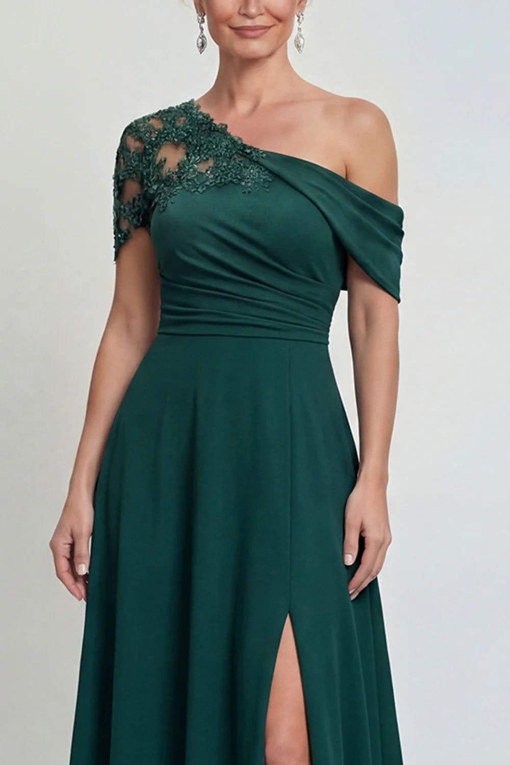 Elegant A-line Mother of the Bride Dress Asymmetrical Neck Lace Sleeve Ruched Waist Open Back Floor Length