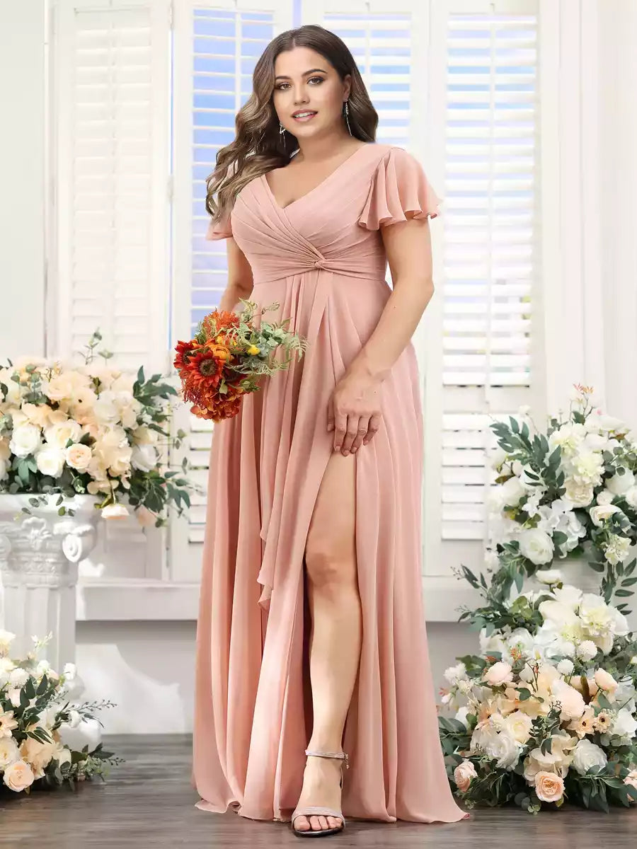 Elegant A-line V-neck short sleeved side slit chiffon oversized Bridesmaid Dresses