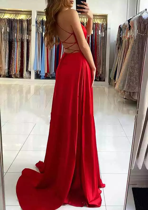 Elegant A-line V-neck sleeveless satin trailing slit Prom Dresses
