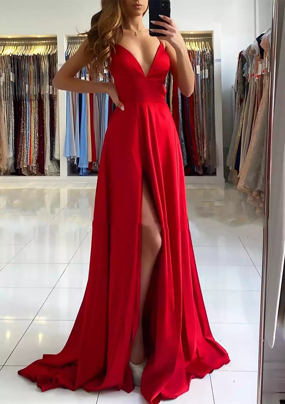 Elegant A-line V-neck sleeveless satin trailing slit Prom Dresses