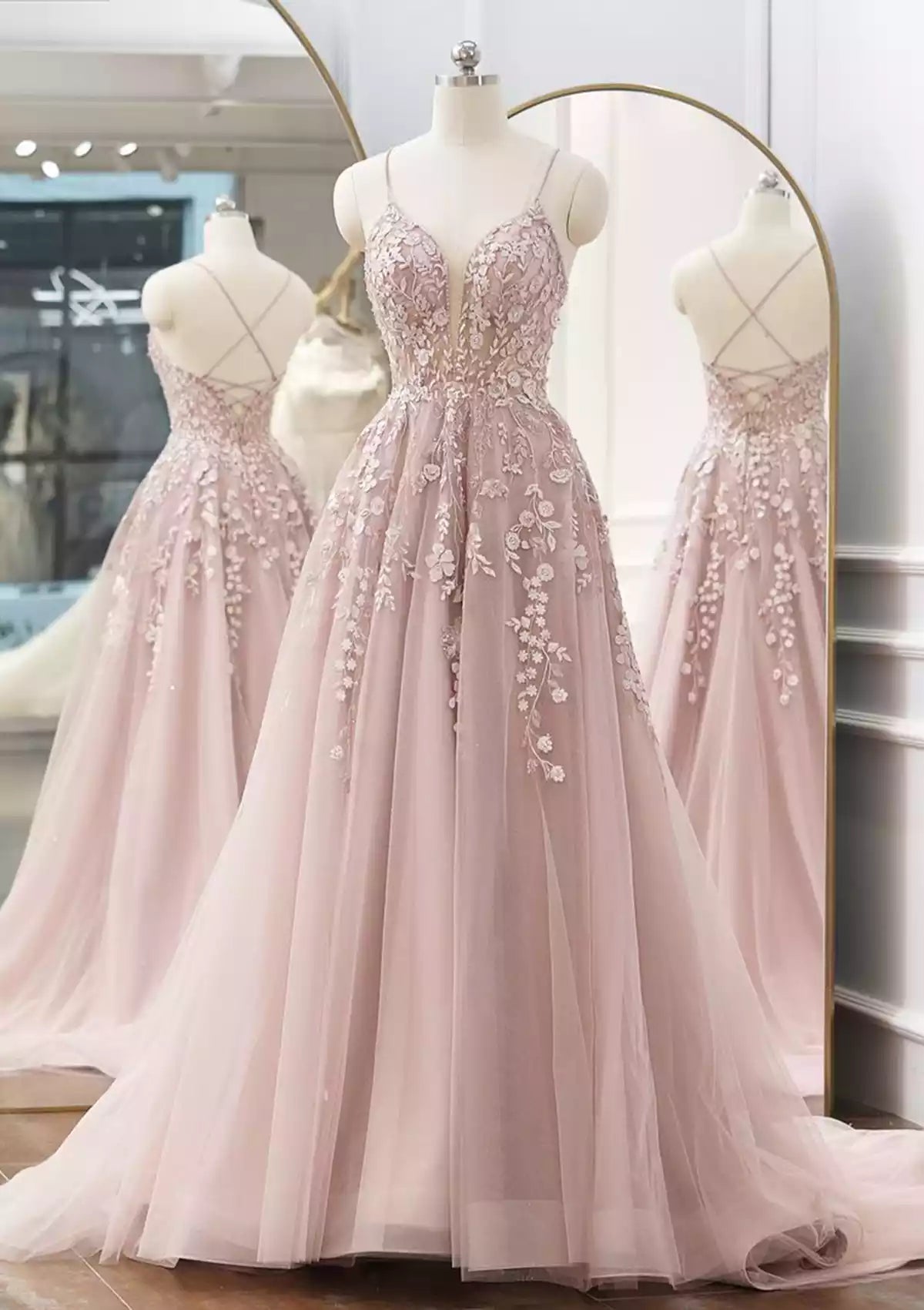 Elegant A-line V-neck thin shoulder strap with trailing chiffon applique beads Prom Dresses
