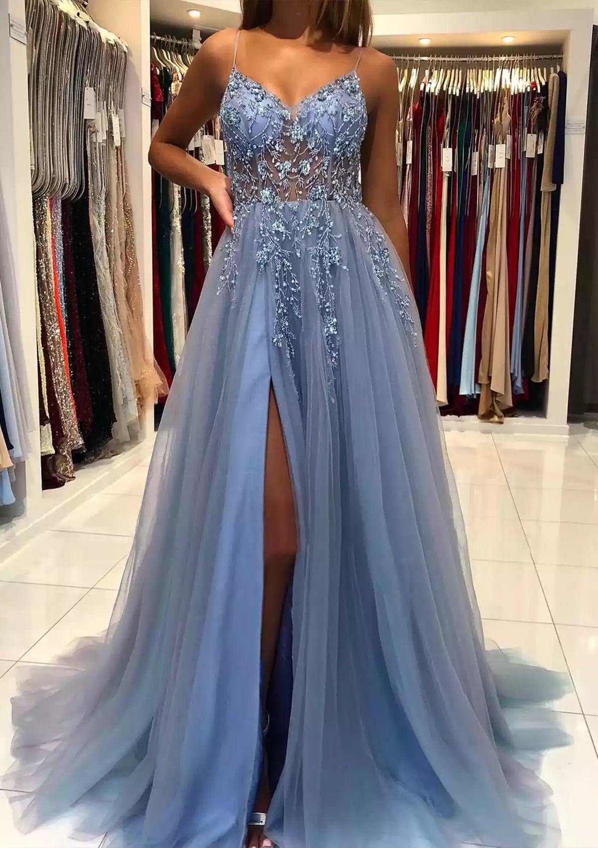 Elegant A-line V-neck thin shoulder strap with trailing chiffon bead sequins slit Prom Dresses