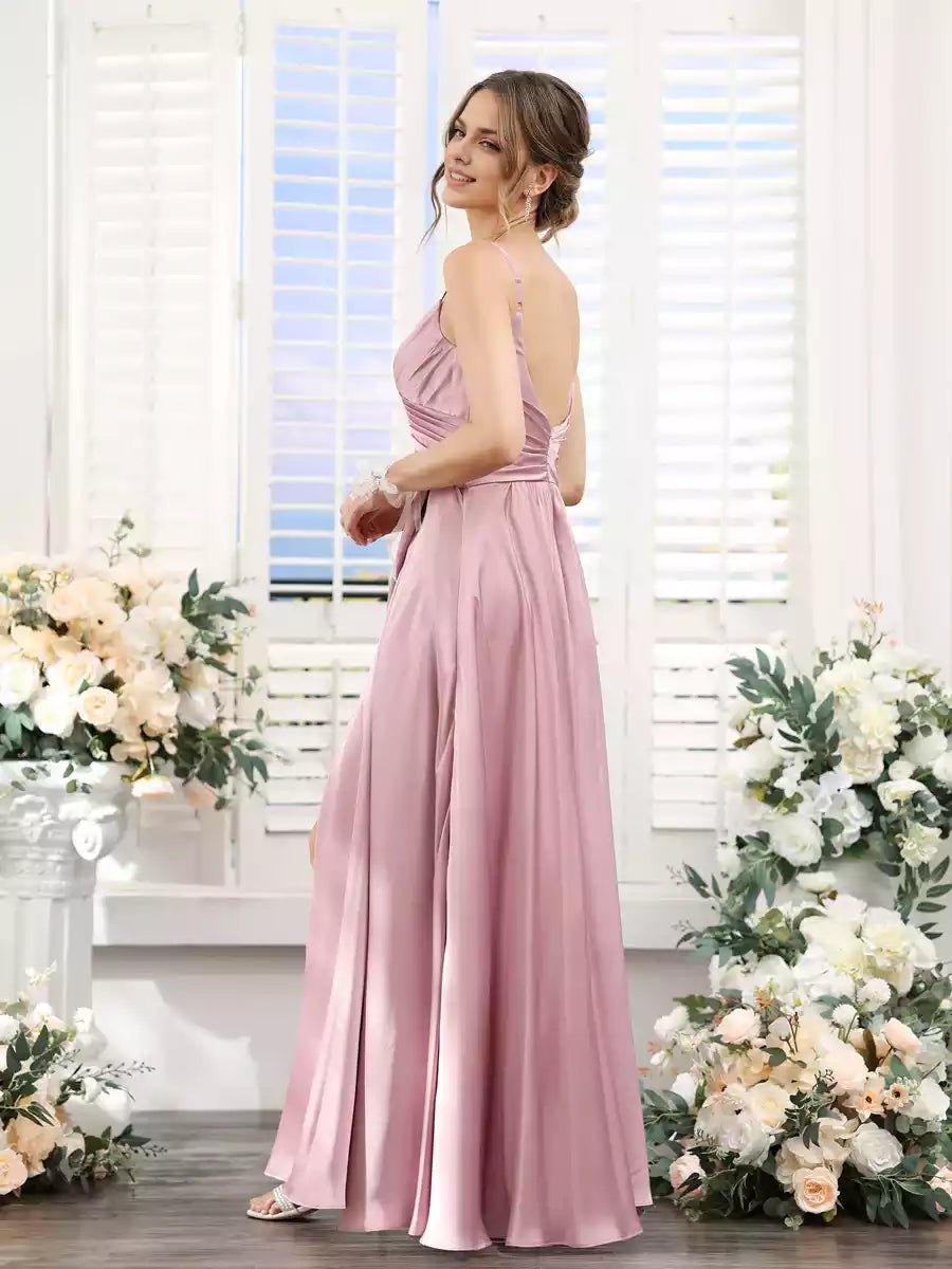 Elegant A-line camisole with sleeveless pleats, side slits, and ground silk satin Bridesmaid Dresses