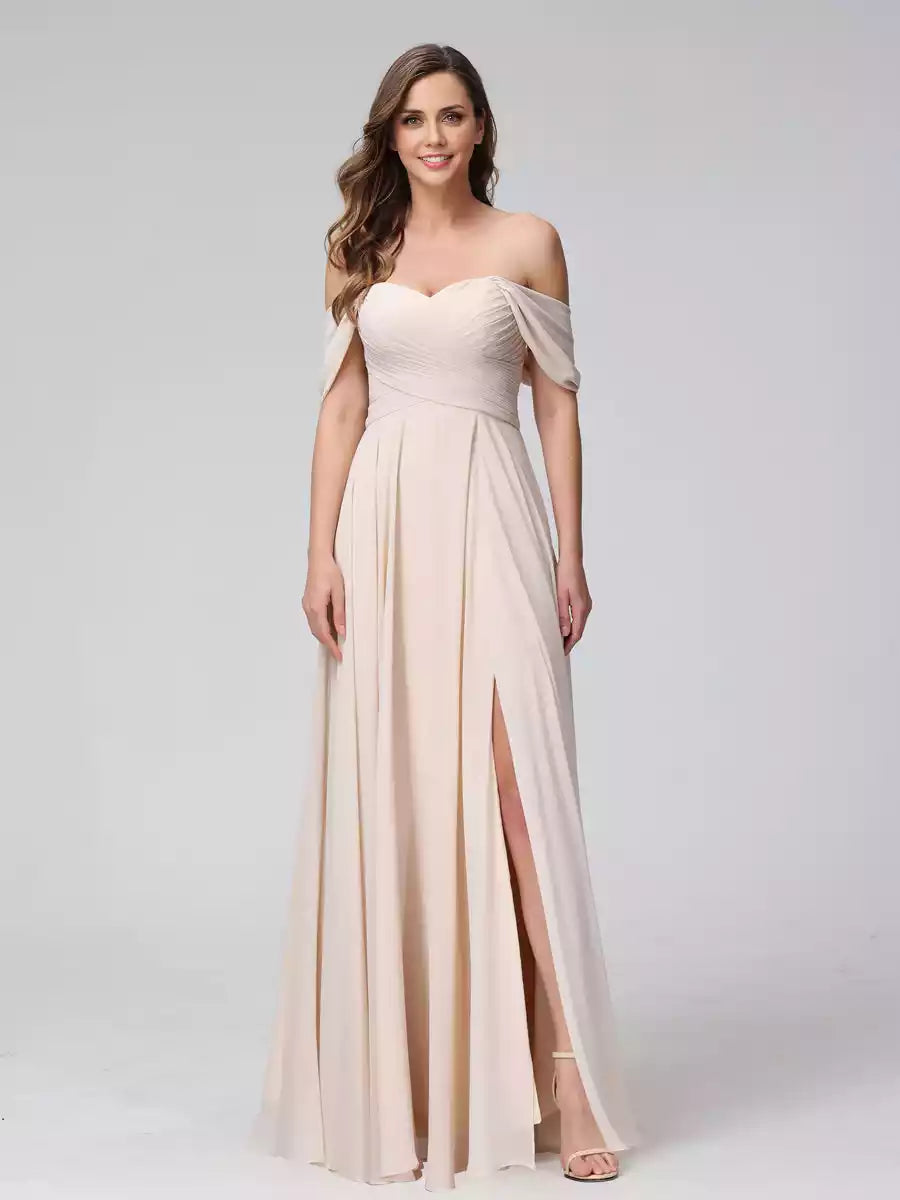 Elegant A-line off shoulder sleeveless pleated long chiffon side slit Bridesmaid Dresses