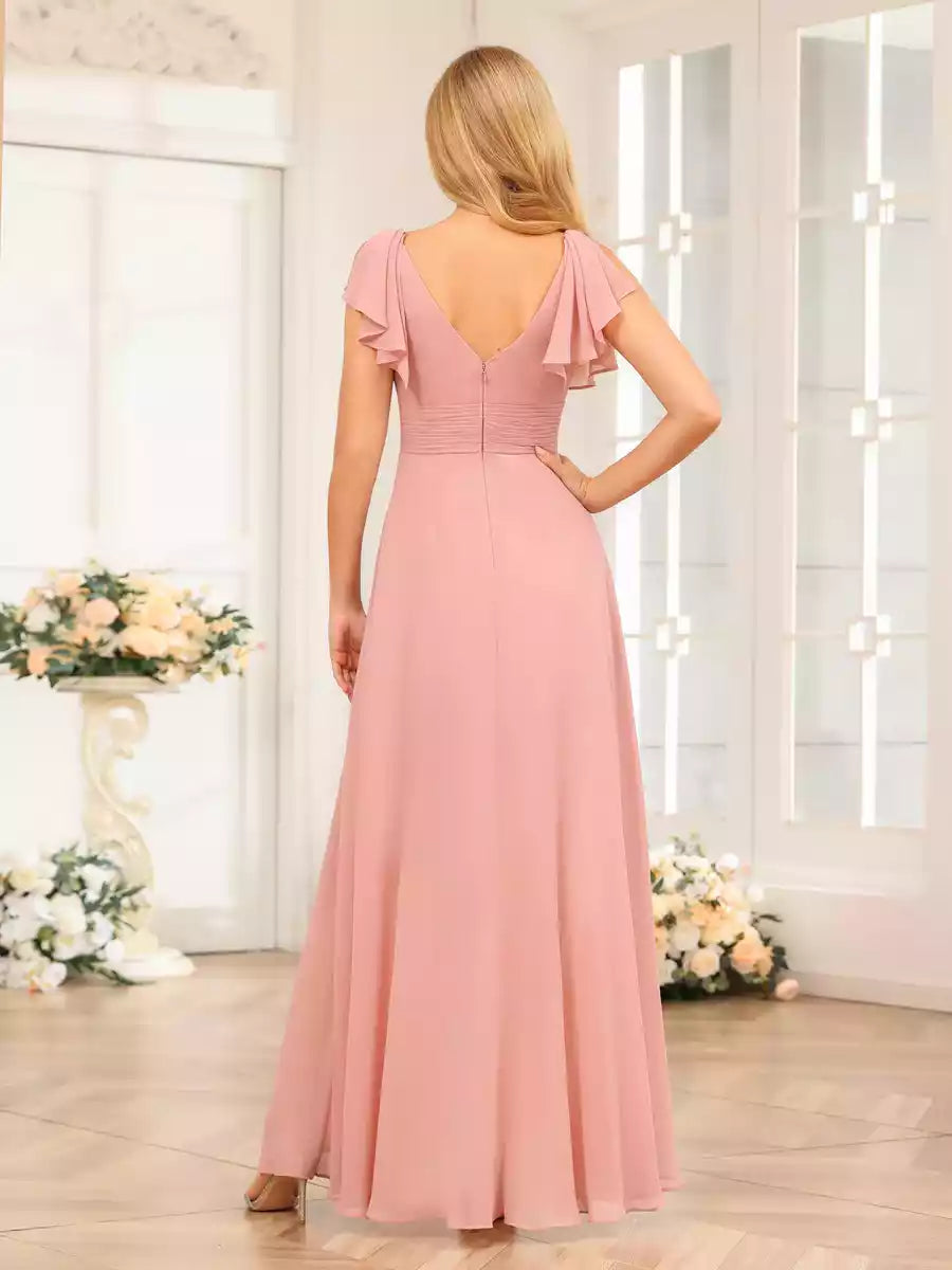 Elegant A-line/princess style V-neck long ruffled chiffon asymmetrical ruffled Bridesmaid Dresses