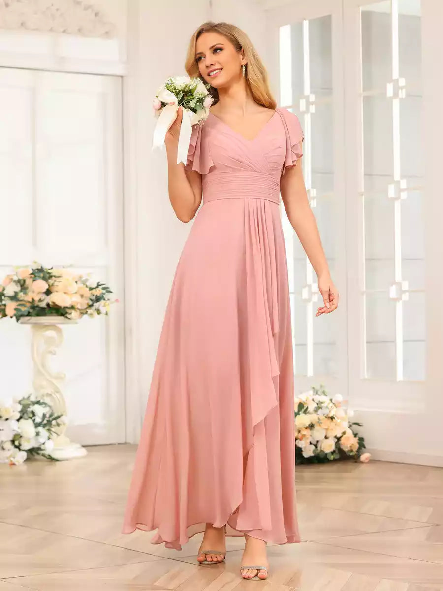 Elegant A-line/princess style V-neck long ruffled chiffon asymmetrical ruffled Bridesmaid Dresses