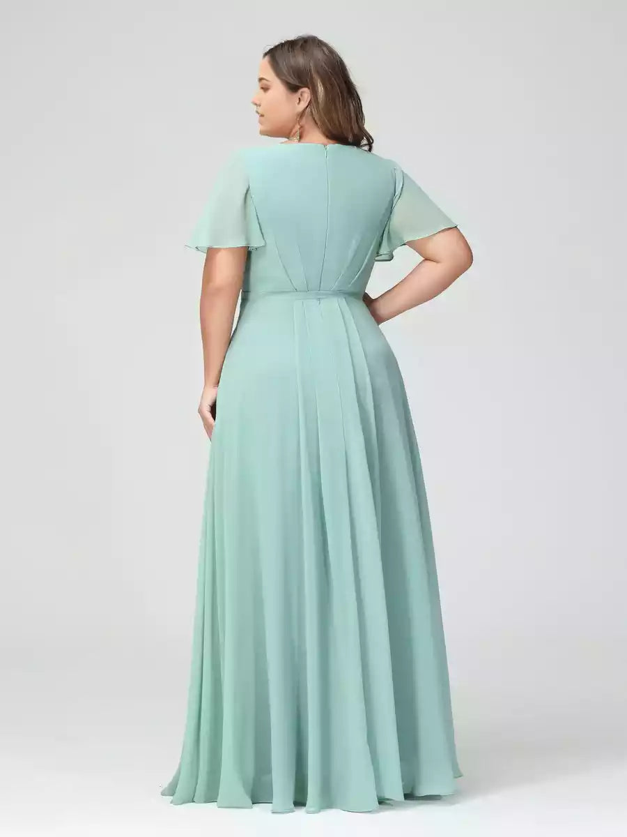 Elegant A-line/princess style V-neck short sleeved chiffon slit plus size Bridesmaid Dresses