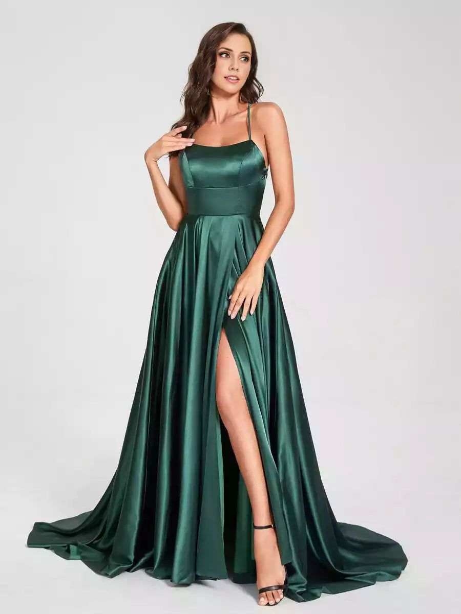 Elegant A-line/princess style camisole sleeveless and floor slit backless Bridesmaid Dresses