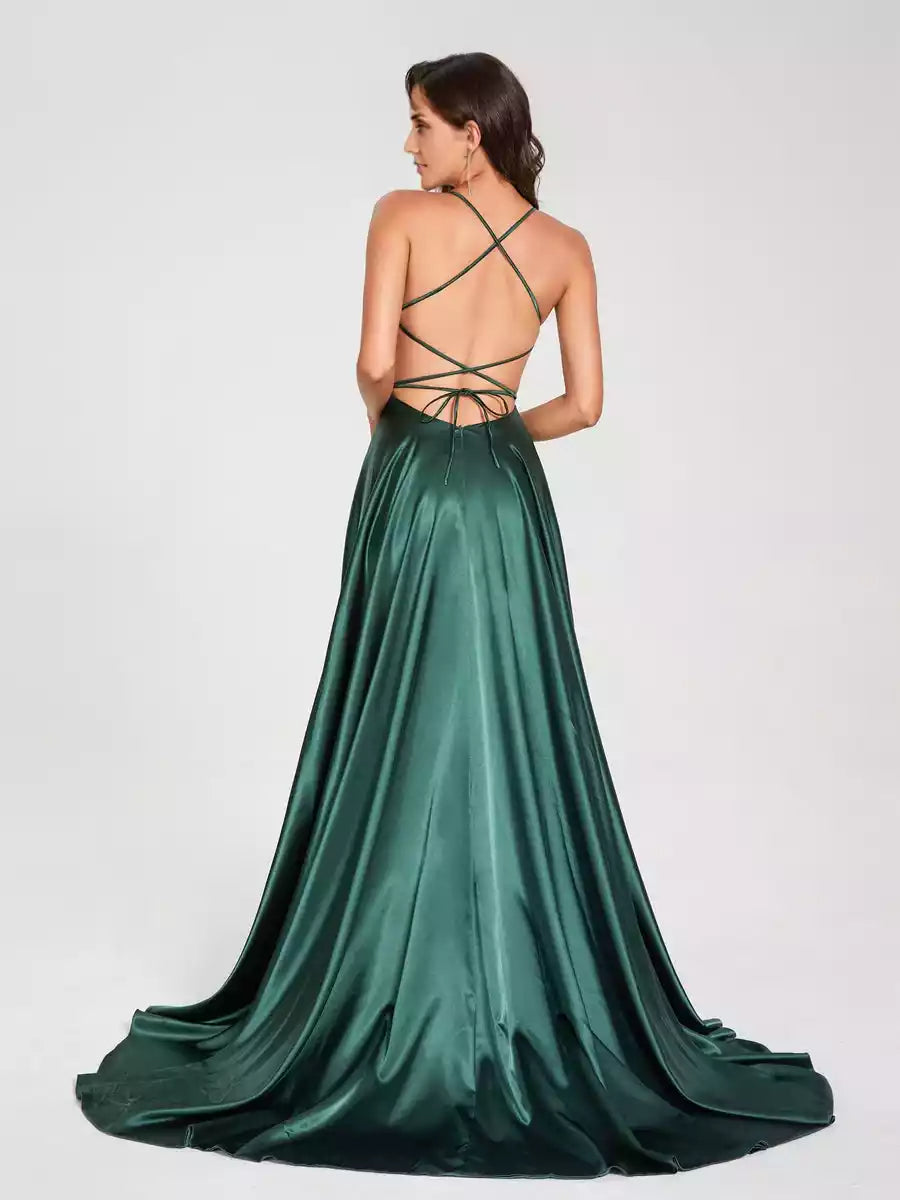 Elegant A-line/princess style camisole sleeveless and floor slit backless Bridesmaid Dresses