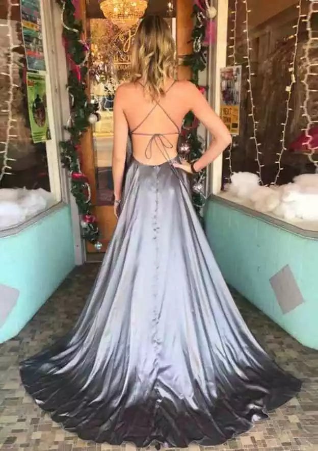 Elegant A-line/princess style fan-shaped collar sleeveless trailing satin pleated Prom Dresses