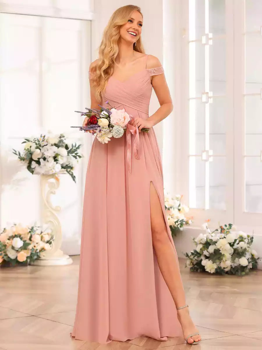 Elegant A-line/princess style long suspender with side slits and pockets Bridesmaid Dresses