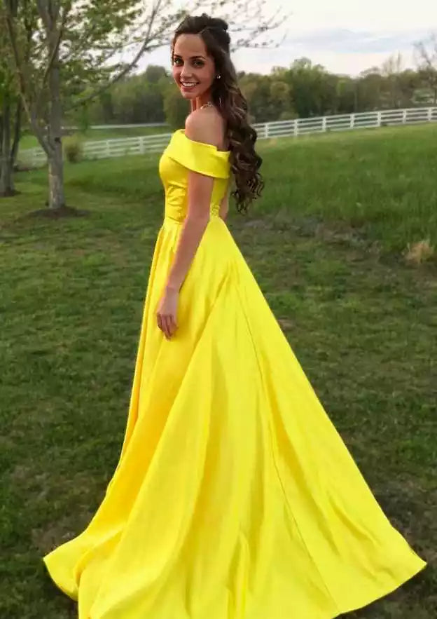 Elegant A-line/princess style off shoulder sleeveless trailing satin low back design Prom Dresses