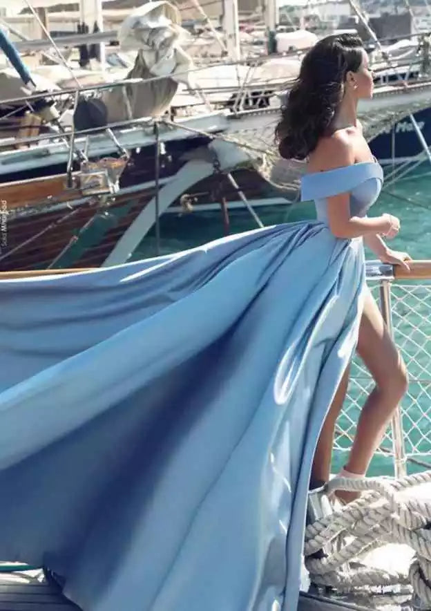 Elegant A-lineprincess style off shoulder sleeveless trailing satin pleated slit Prom Dresses