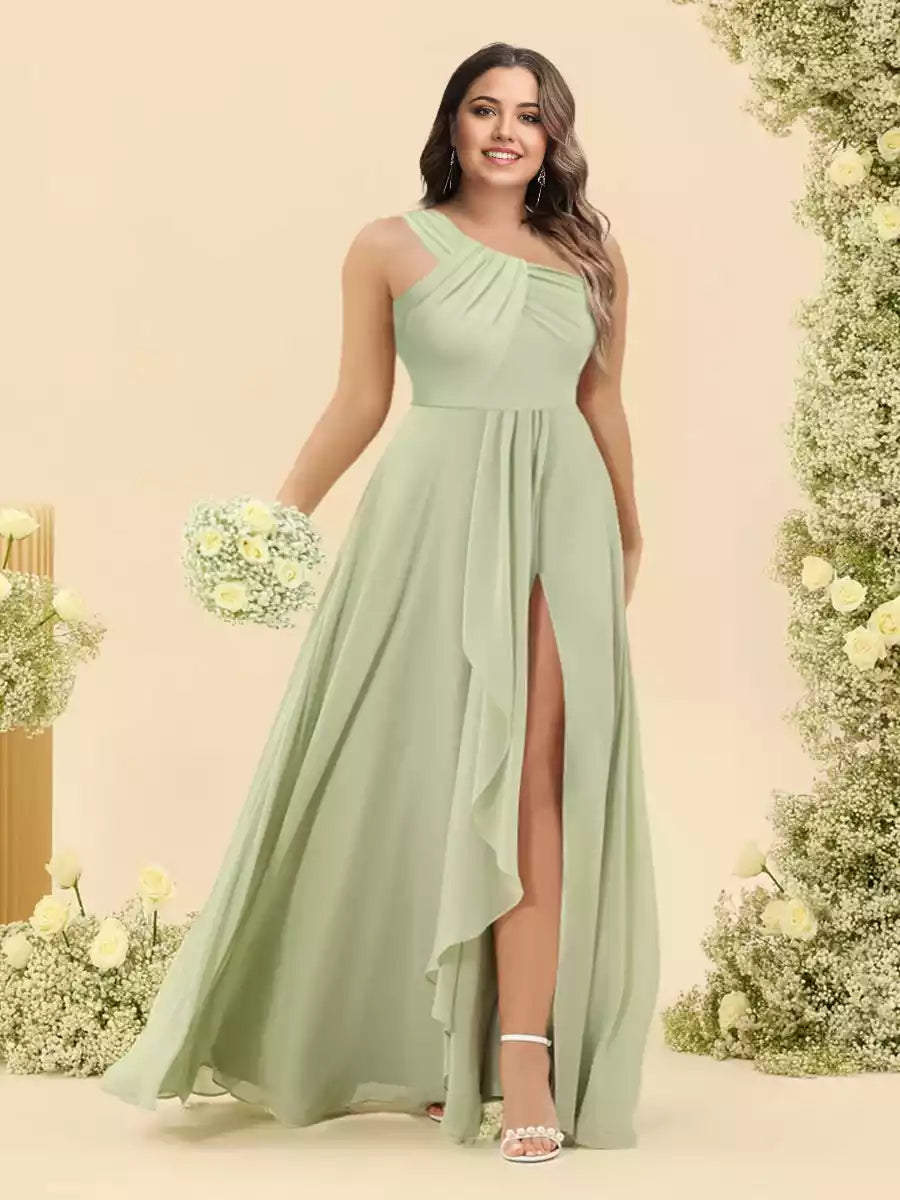 Elegant A-line/princess style single shoulder sleeveless long size plus side slit Bridesmaid Dresses