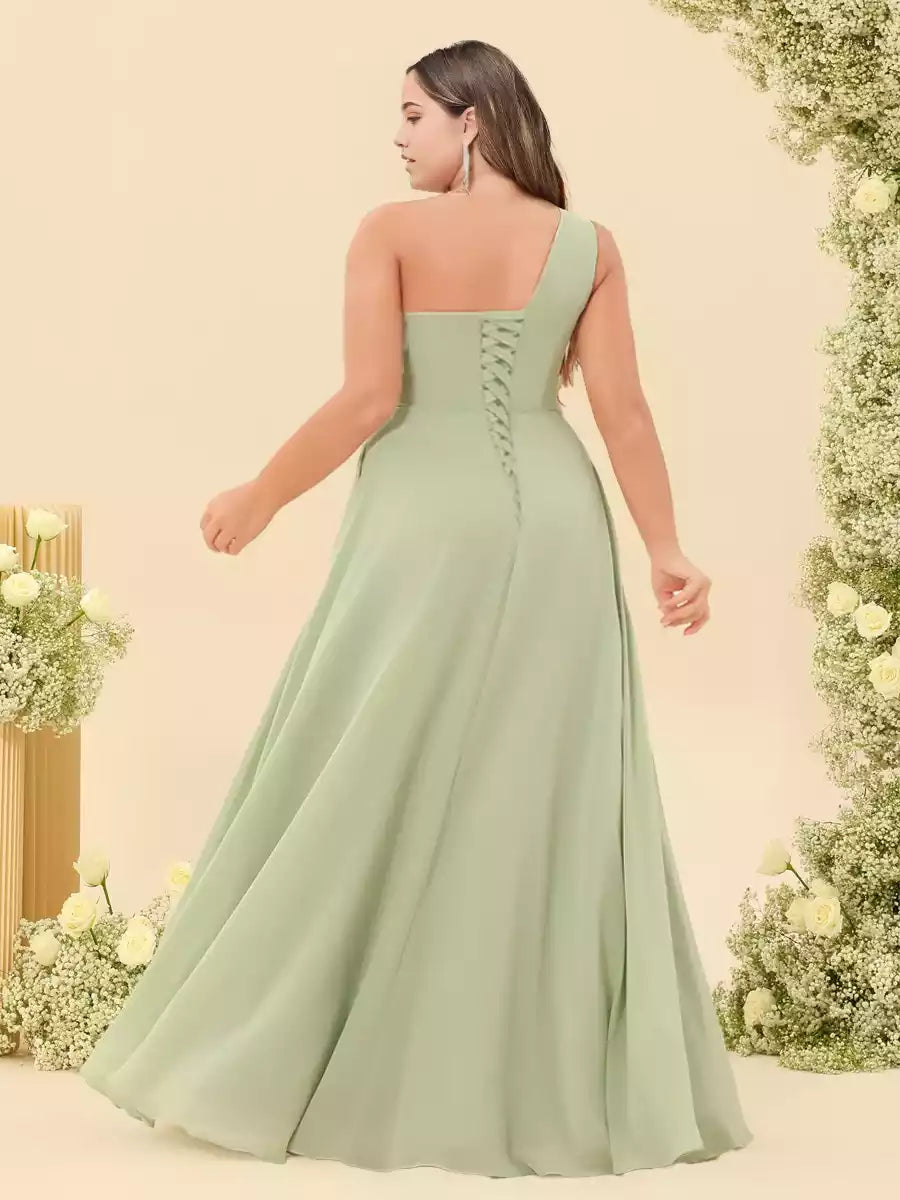Elegant A-line/princess style single shoulder sleeveless long size plus side slit Bridesmaid Dresses