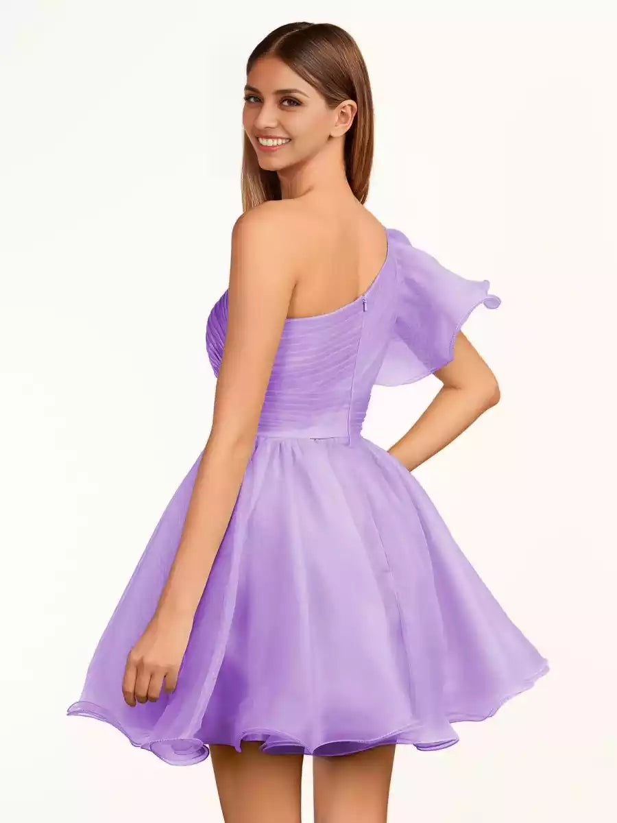 Elegant A-line silhouette organza single shoulder neckline pleated ruffle edge lace up back Homecoming Dresses