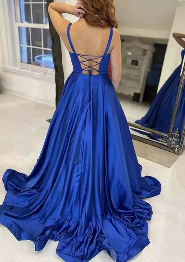 Elegant A-line square neck sleeveless trailing satin Prom Dresses