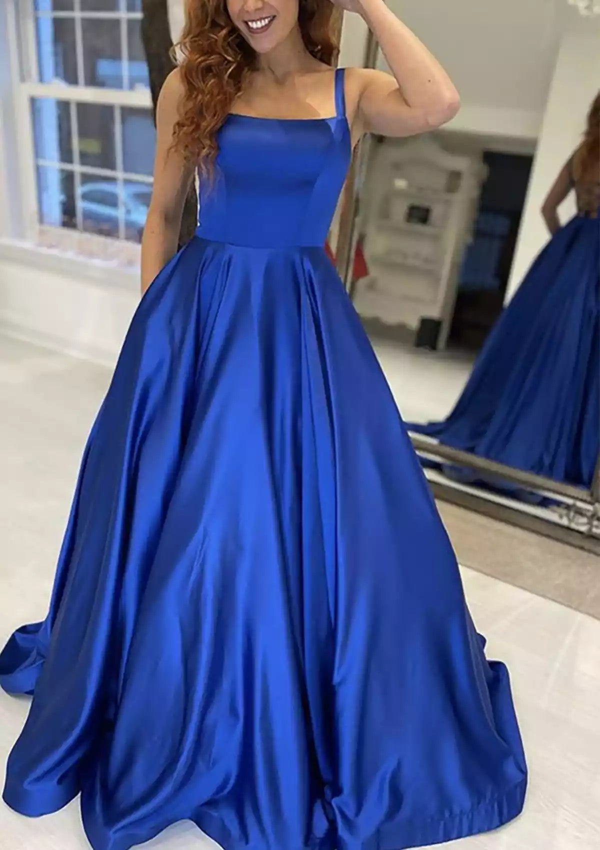 Elegant A-line square neck sleeveless trailing satin Prom Dresses