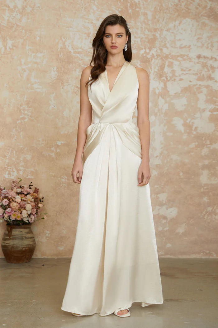 Elegant A Line Halter V Neck Sleeveless Open Back Floor Length Evening Dress