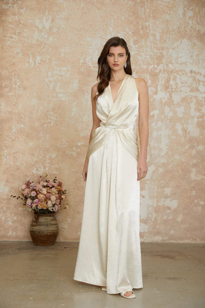 Elegant A Line Halter V Neck Sleeveless Open Back Floor Length Evening Dress