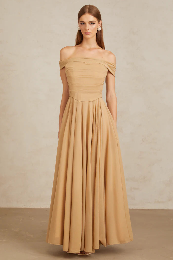 Elegant A Line Off The Shoulder Ruched Neck Sleeveless Corset Back Floor Length Evening Dress