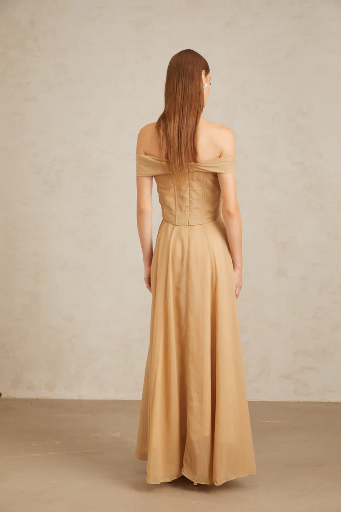 Elegant A Line Off The Shoulder Ruched Neck Sleeveless Corset Back Floor Length Evening Dress