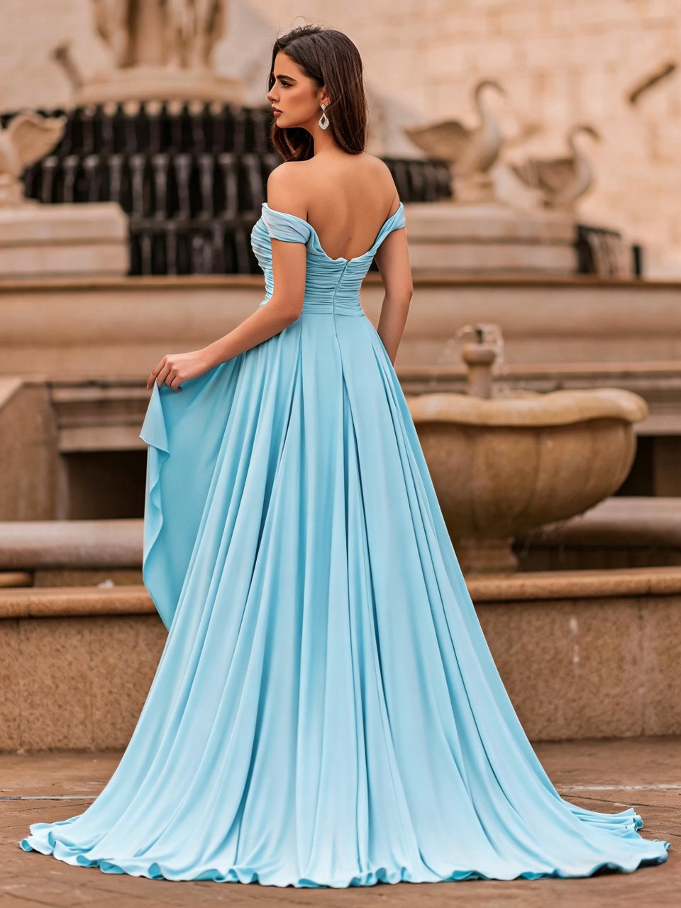 Elegant A Line Off The Shoulder Sweetheart Short Sleeve Low Back Floor Length Evening Dress
