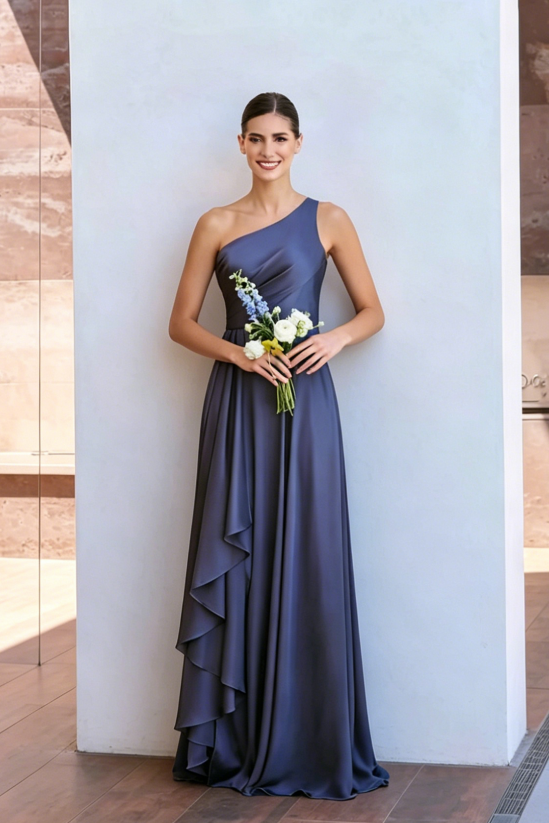 Elegant ALine One Shoulder Sleeveless Open Back Floor Length Satin Prom Dress