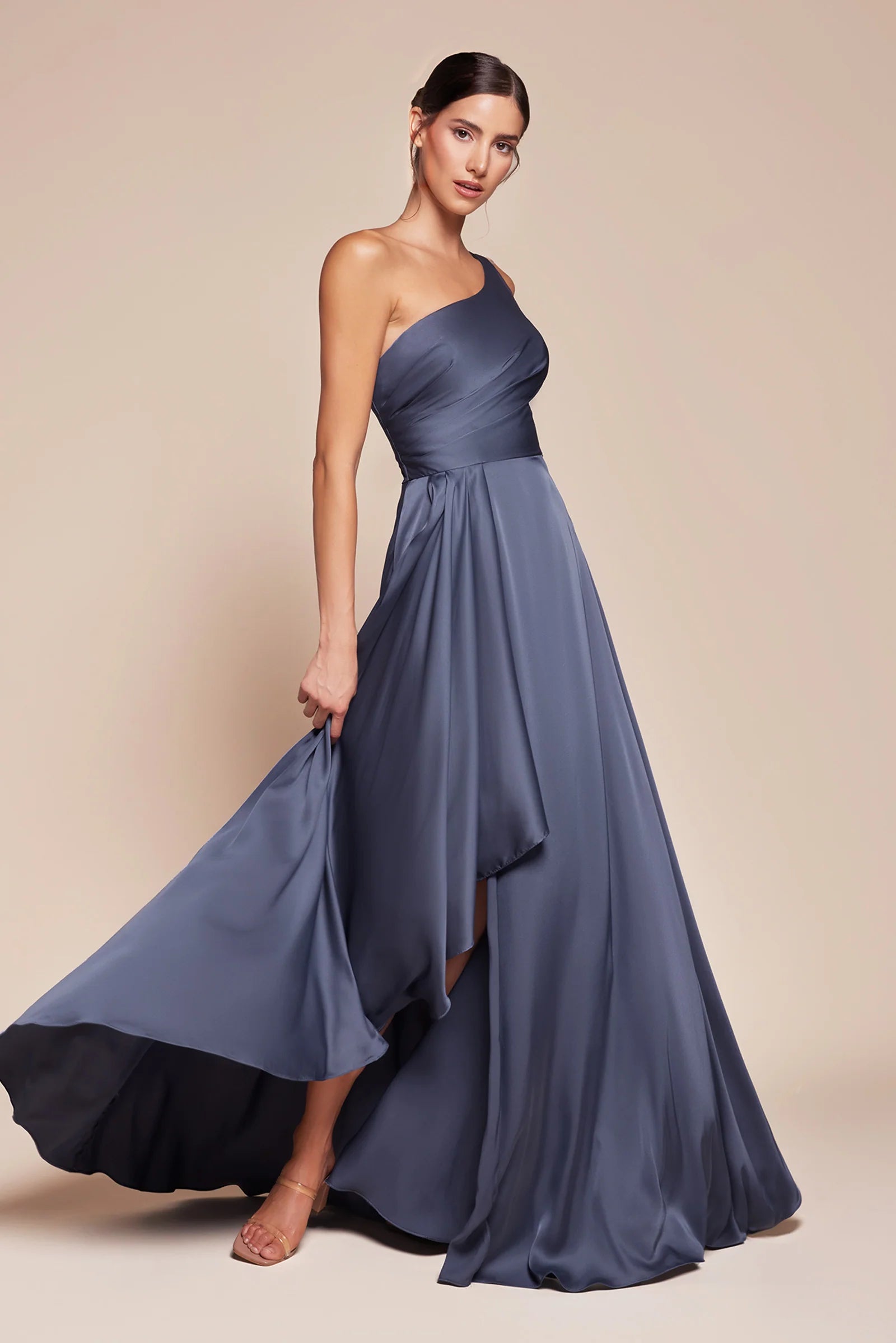 Elegant ALine One Shoulder Sleeveless Open Back Floor Length Satin Prom Dress