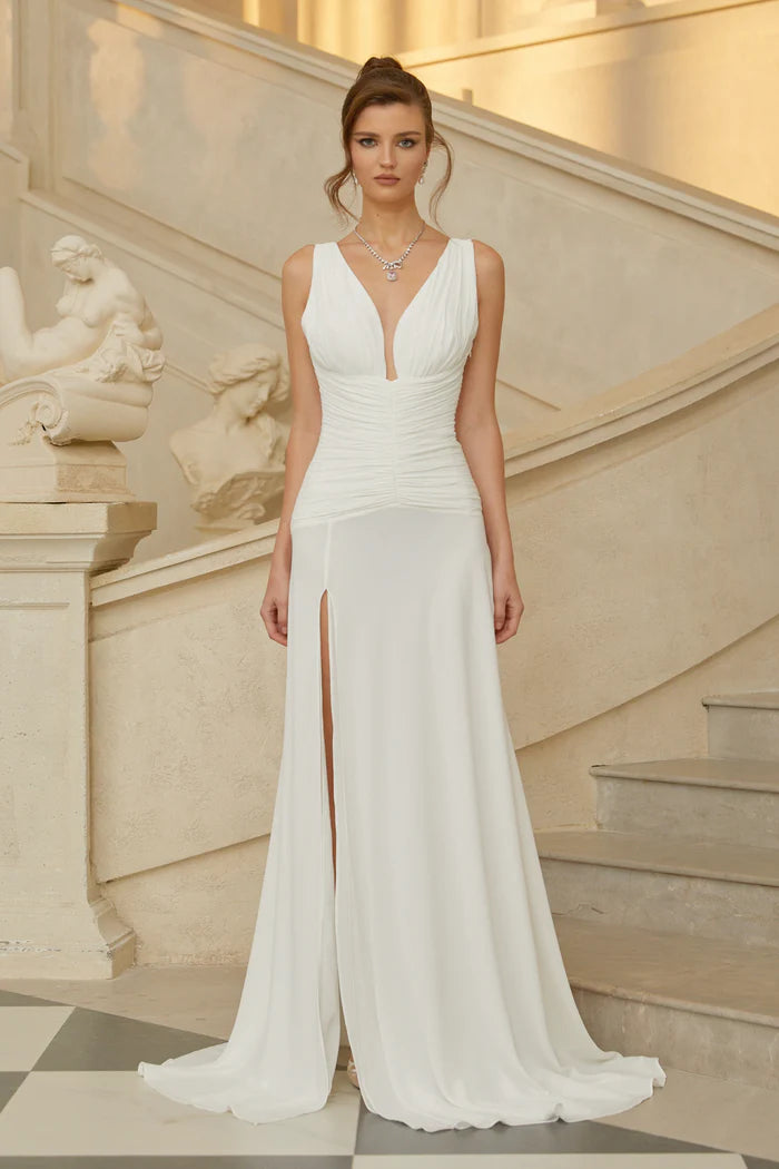 Elegant A Line V Neck Sleeveless Corset Back High Slit Floor Length Evening Dress