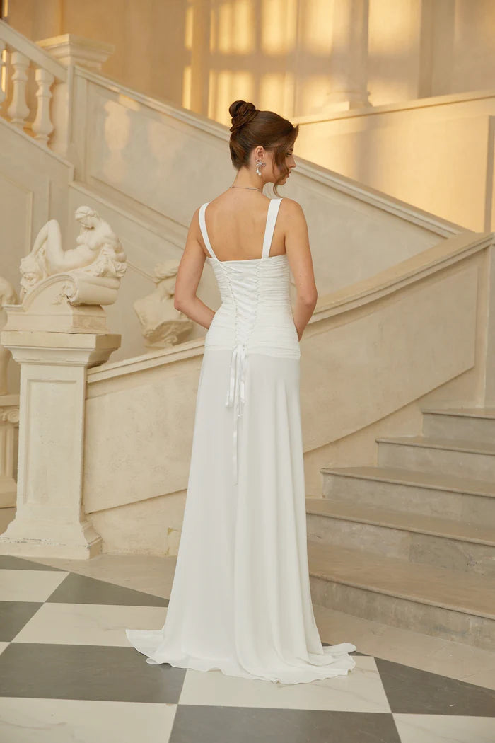 Elegant A Line V Neck Sleeveless Corset Back High Slit Floor Length Evening Dress