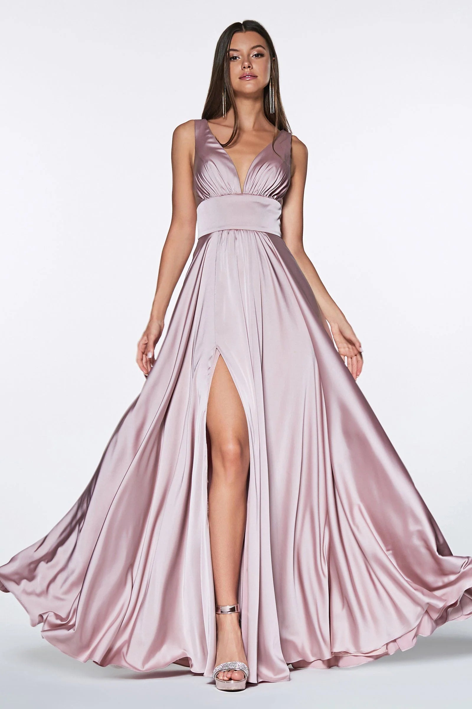 Elegant A-Line V-Neck Sleeveless Open-Back Floor-Length Satin Prom Dress