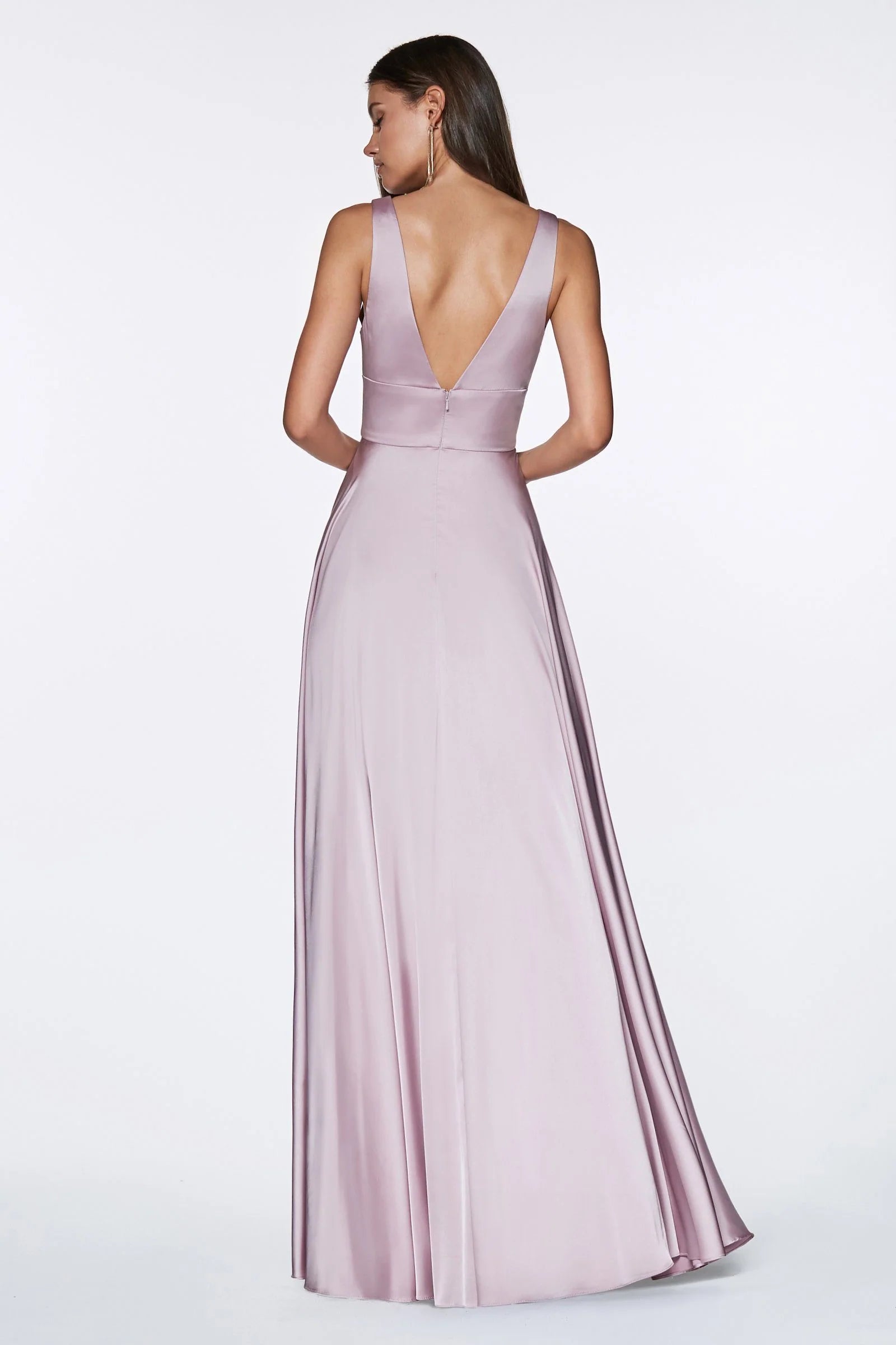 Elegant A-Line V-Neck Sleeveless Open-Back Floor-Length Satin Prom Dress